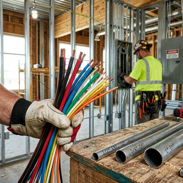 Electrician holding wires next to conduit pieces