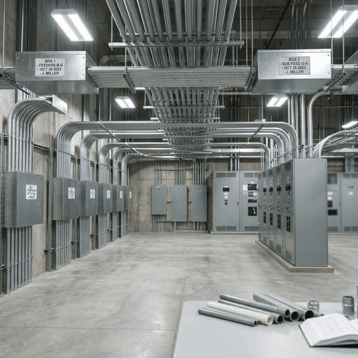 Large conduits on overhead strut racks in electrical room