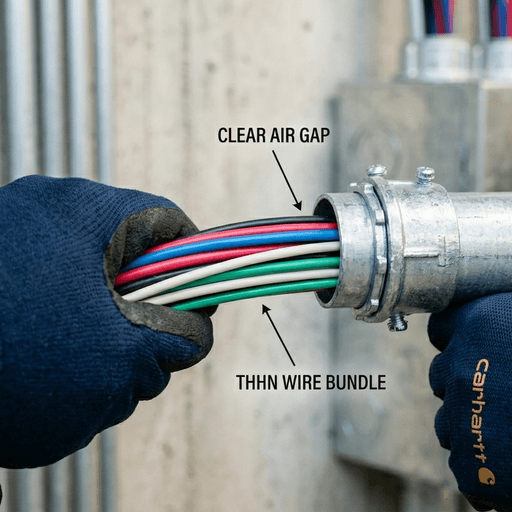 Gloved hand holding wires next to EMT conduit opening
