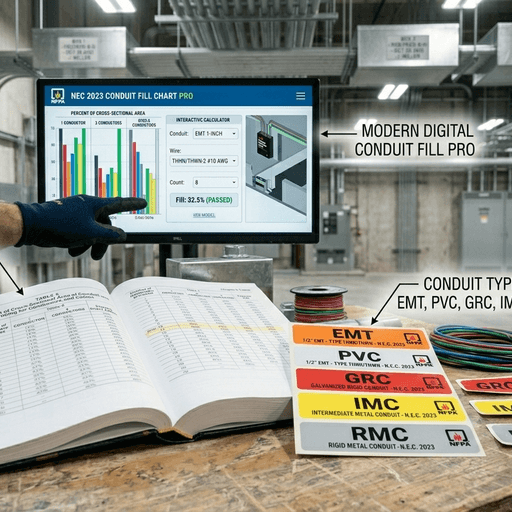 Different types of conduit labels (EMT, PVC) next to NEC book
