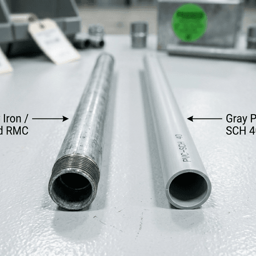 Conduit Material Price Comparison Threaded RMC next to gray PVC conduit on floor