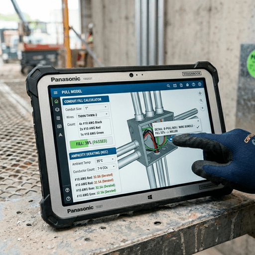 Ruggedized tablet showing 3D conduit model and software