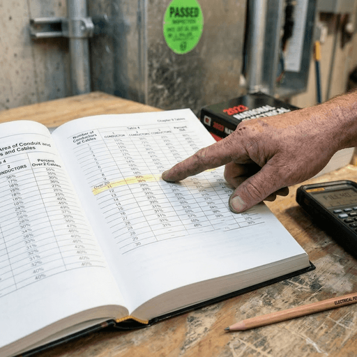 Electrician Reviewing NEC Tables Hand pointing at Chapter 9 Table 4 in NEC book