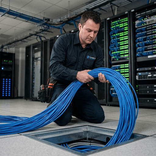 IT-Techniker in Serverraum mit Kabelbündel