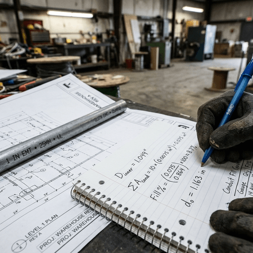Electrician's hand with pen over notepad with formulas