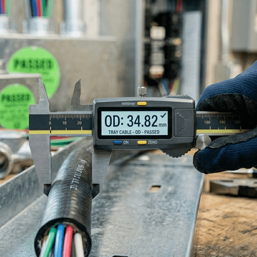 Digital calliper measuring tray cable outer diameter