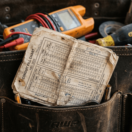 Printable Conduit Chart PDF Toolkit Weathered conduit fill chart folded in a tool bag