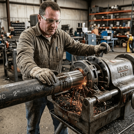 Threading Rigid Conduit Threading rigid electrical conduit with power tool